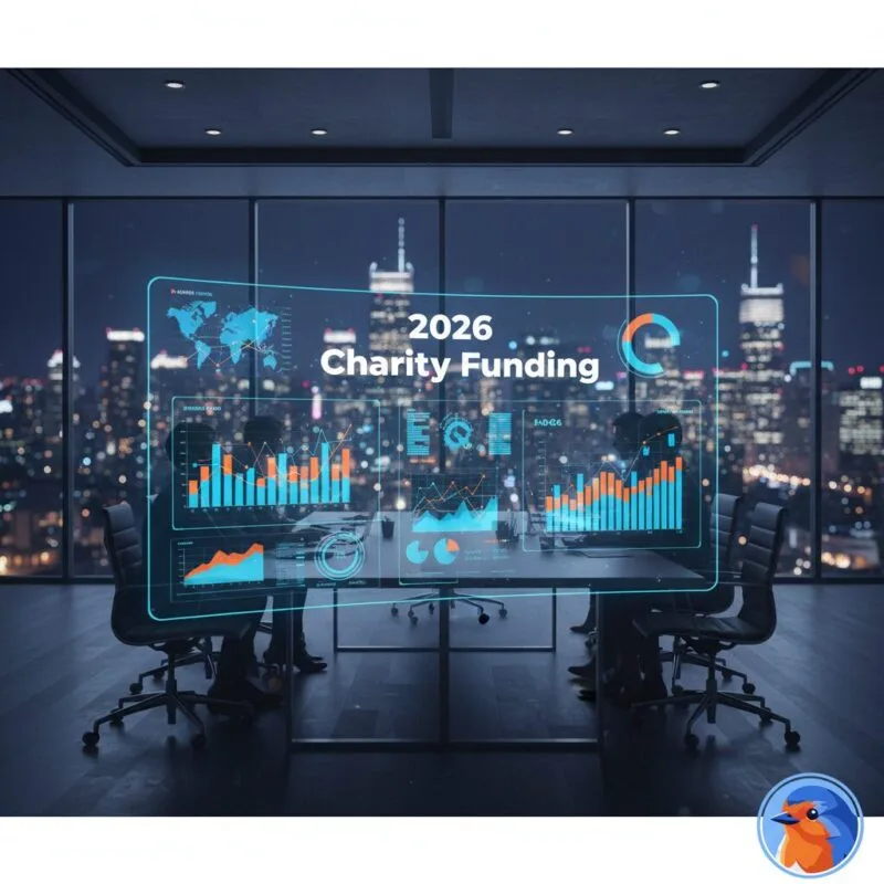 2026 Charity Funding featured image with holographic financial charts in a premium boardroom