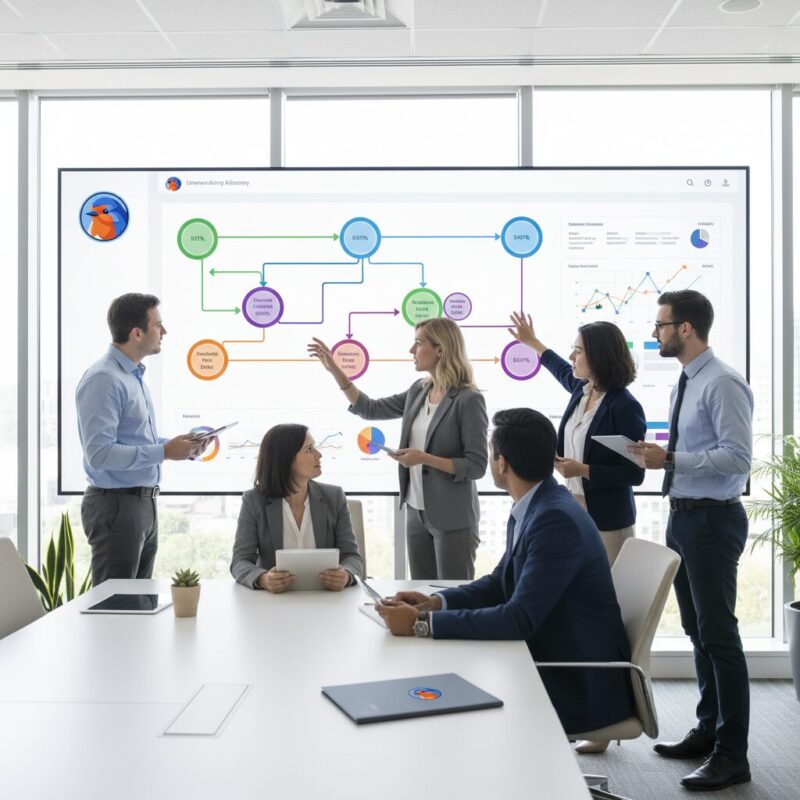 Academic researchers analyzing unified funding strategy data on a large interactive screen