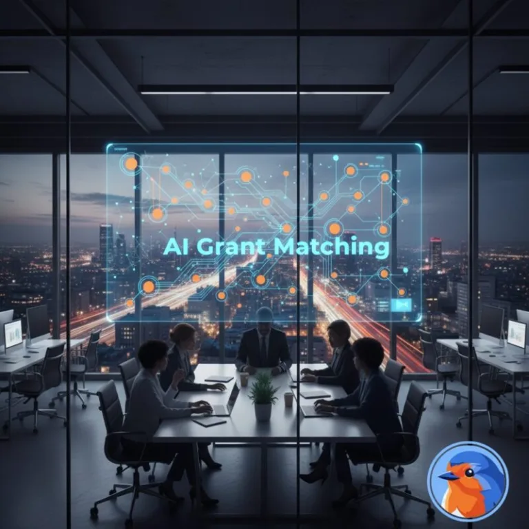 AI Grant Matching featured image with glowing data nodes and modern office background