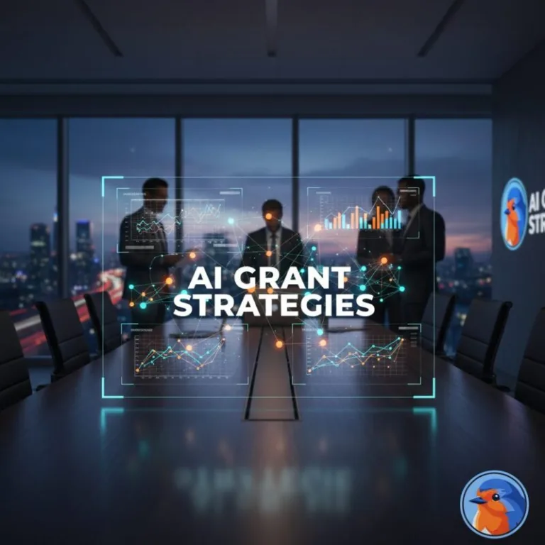 AI Grant Strategies featured image showing holographic logic models in a modern office