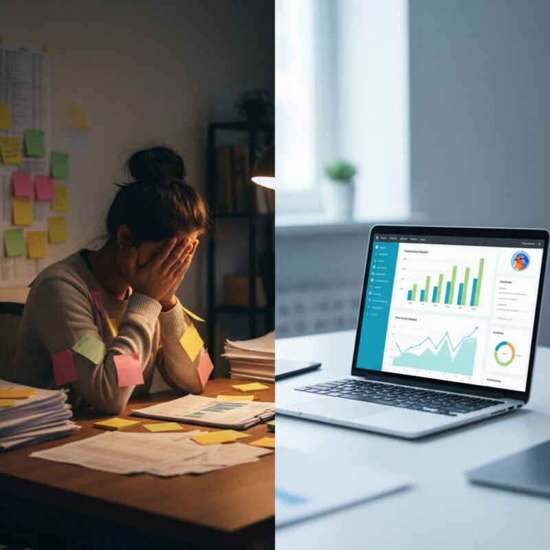 Comparison of messy manual grant tracking and streamlined digital software dashboard