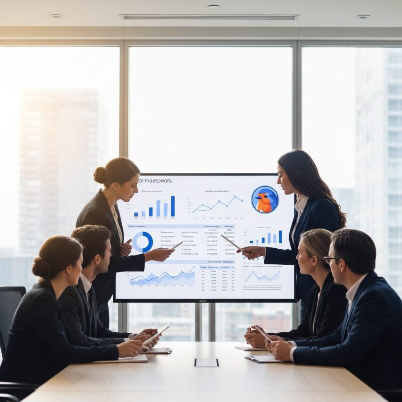 Consulting team analyzing software ROI and break-even points on a digital whiteboard