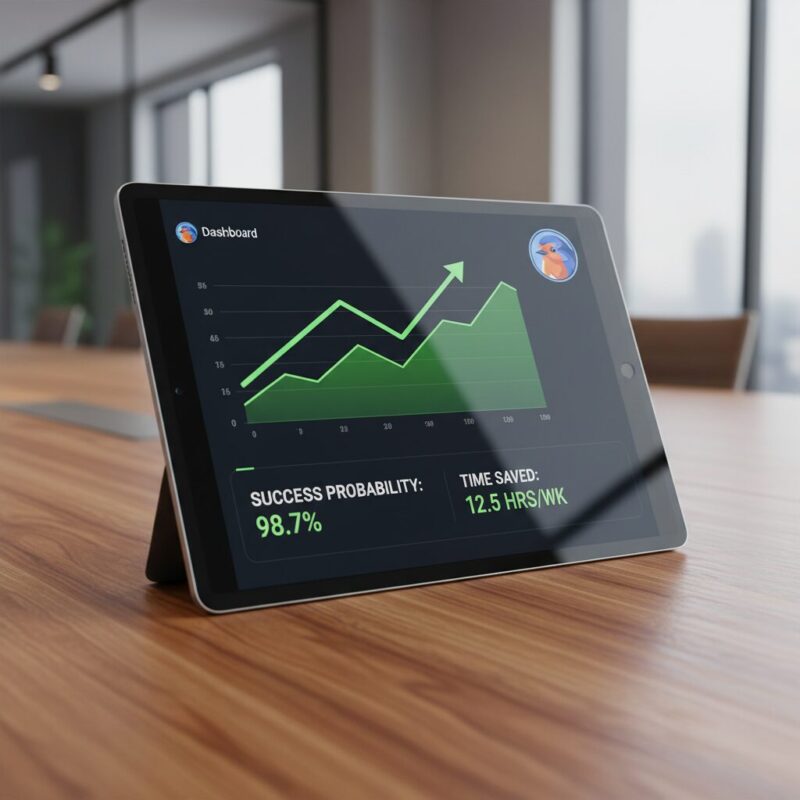 Digital dashboard showing grant matching ROI, time saved, and success probability metrics