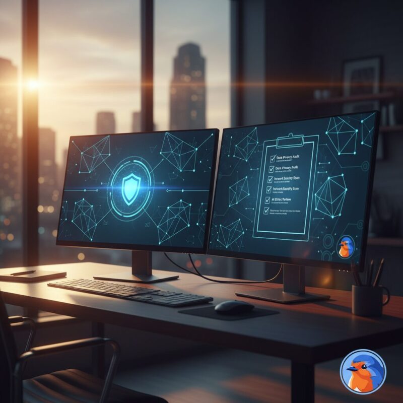 Digital shield protecting glowing AI network nodes on computer monitors