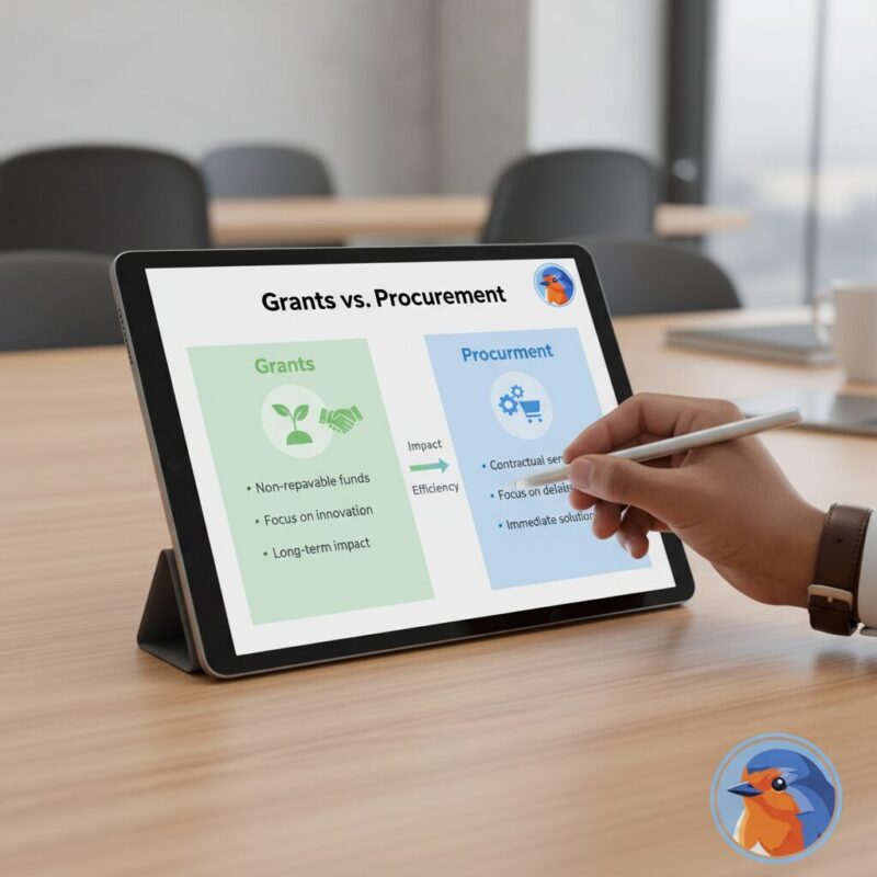Digital tablet showing a comparison chart of Grants versus Procurement contracts for NGOs