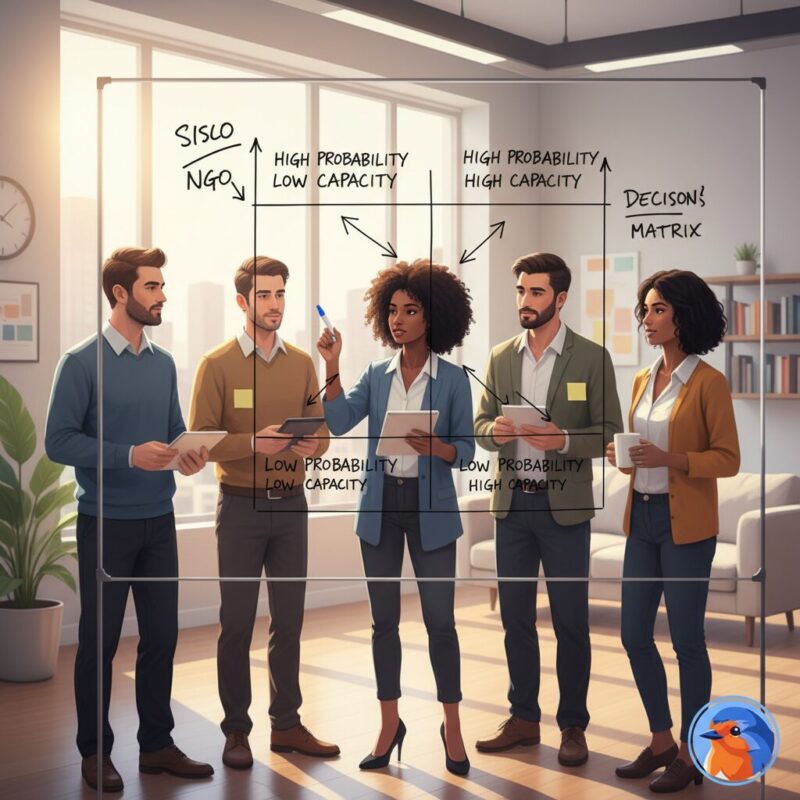 Diverse NGO team analyzing a grant decision matrix on a glass whiteboard