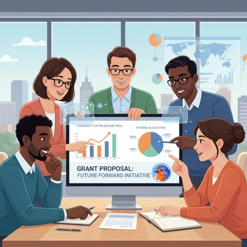 Diverse nonprofit team collaborating on an AI-assisted grant proposal