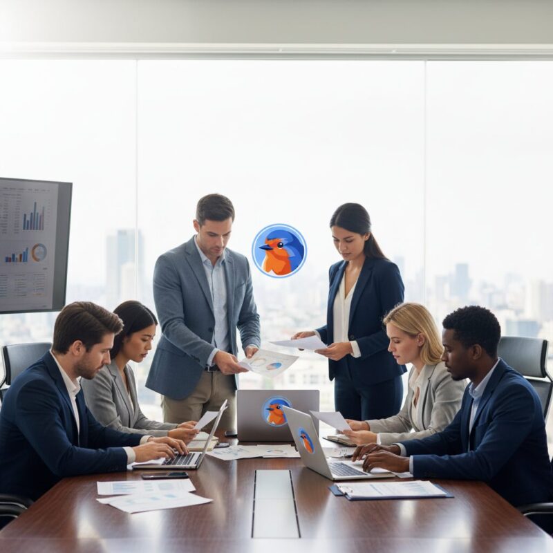 Diverse team of NGO finance professionals reviewing audit reports in a modern office