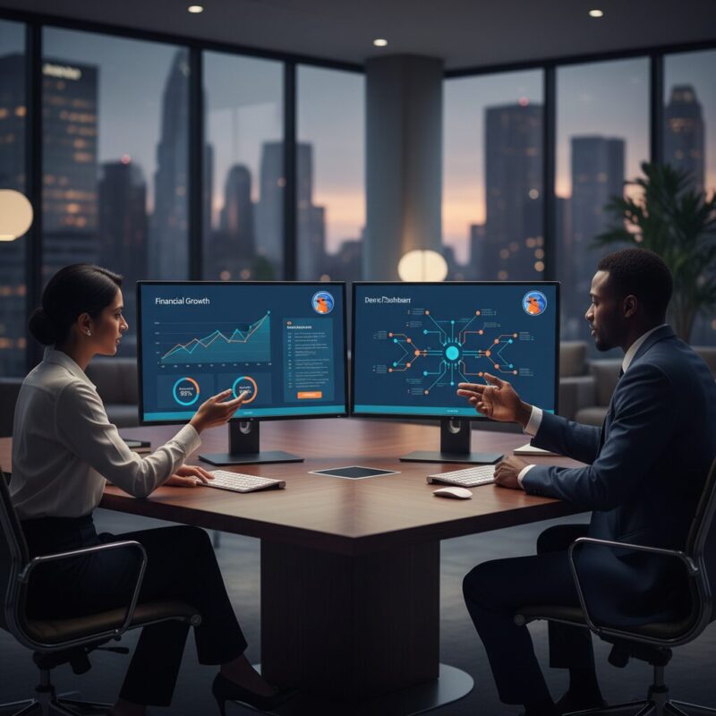 Dual-monitor dashboard displaying financial metrics and grant success rates