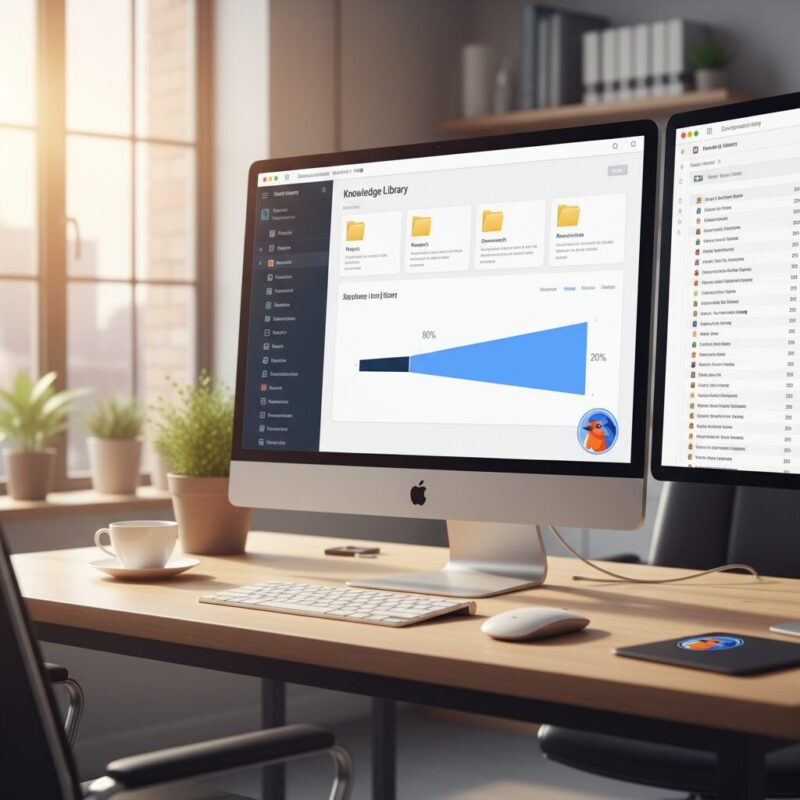 Dual monitor desk setup displaying an organized digital knowledge library interface