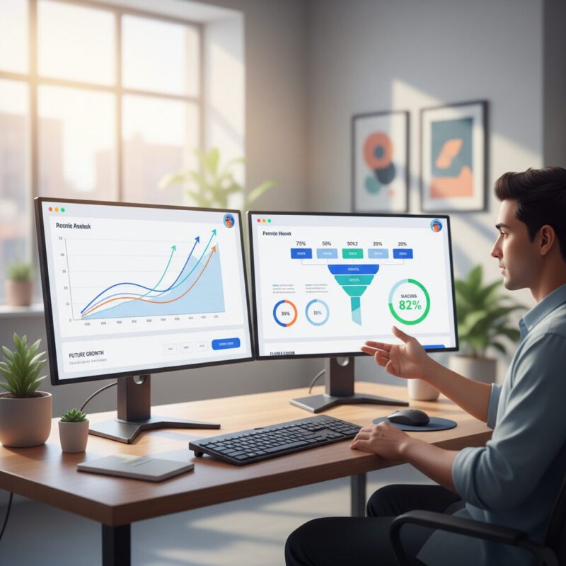 Dual monitor setup displaying a comprehensive grant management predictive dashboard