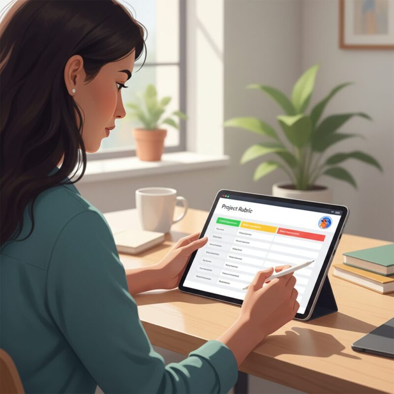 Executive director reviewing a digital strategic fit rubric for grant applications
