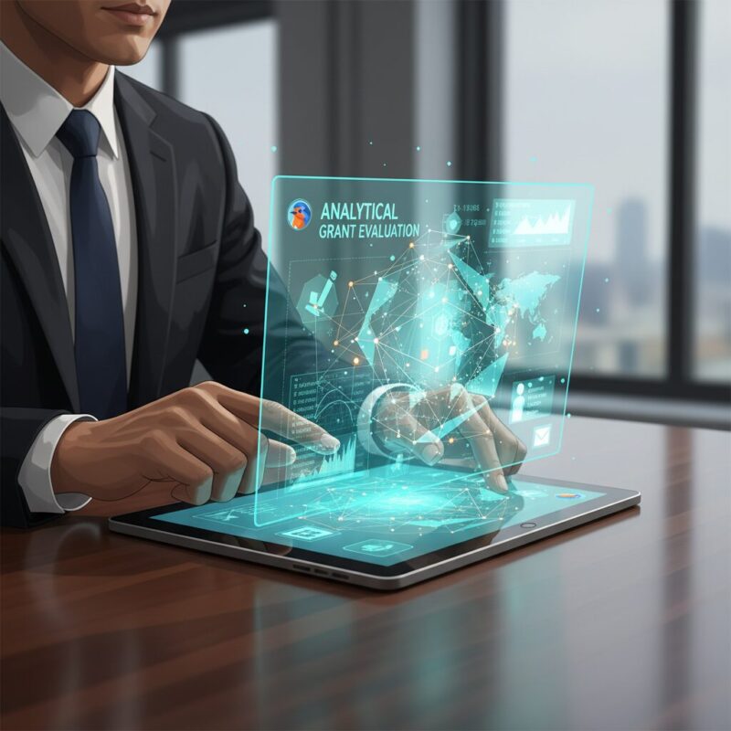 Executive reviewing a 3D alignment scoring matrix on a digital tablet