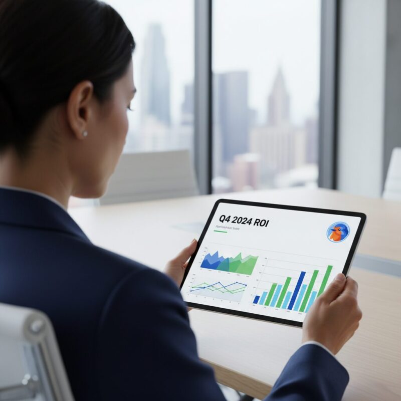 Executive reviewing software ROI and cost-saving metrics on a digital dashboard