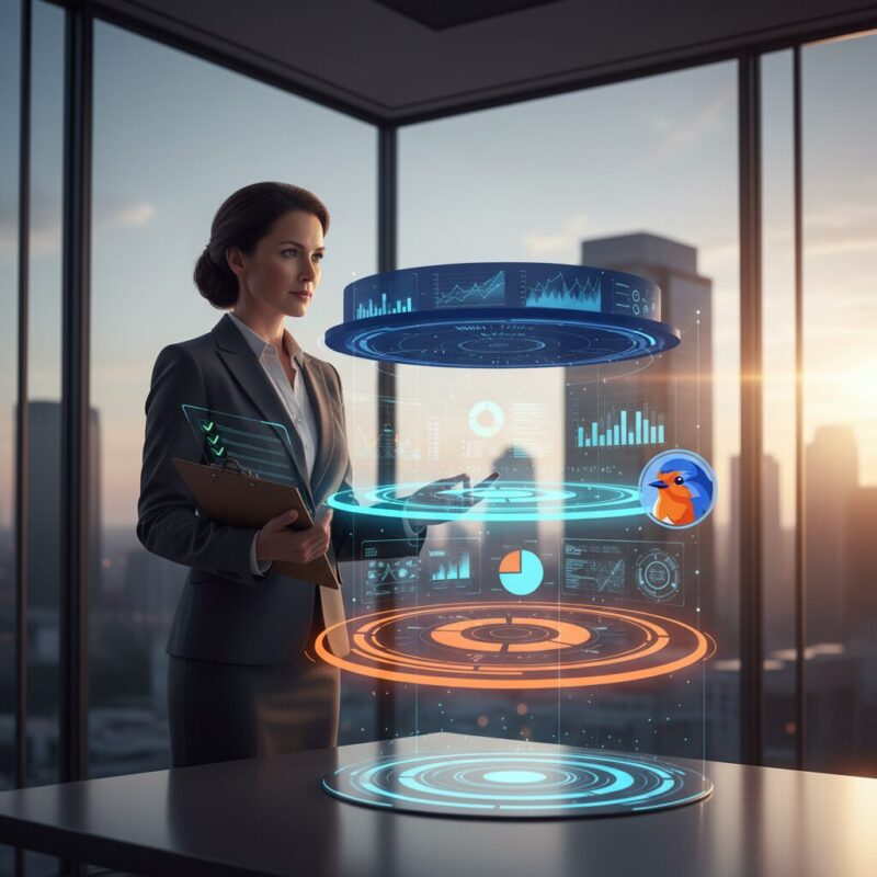 Executive reviewing tiered data analytics dashboard for charity reporting