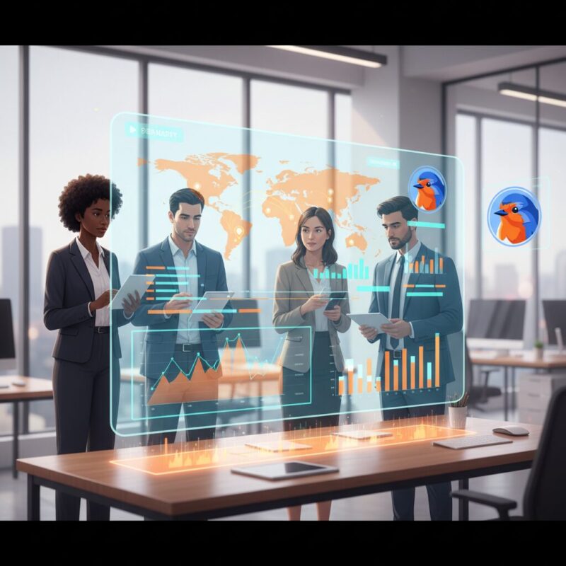 Floating holographic dashboard showing charity impact metrics and geographical maps