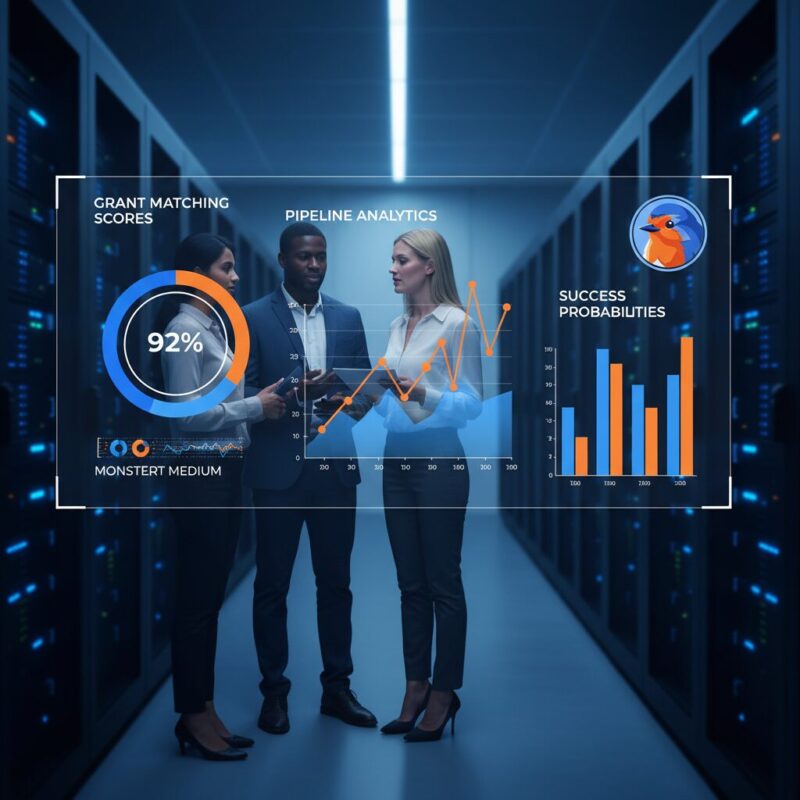 Futuristic digital dashboard showing AI-driven grant matching scores