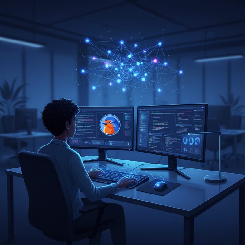 Futuristic workspace with holographic network graphs representing AI document automation