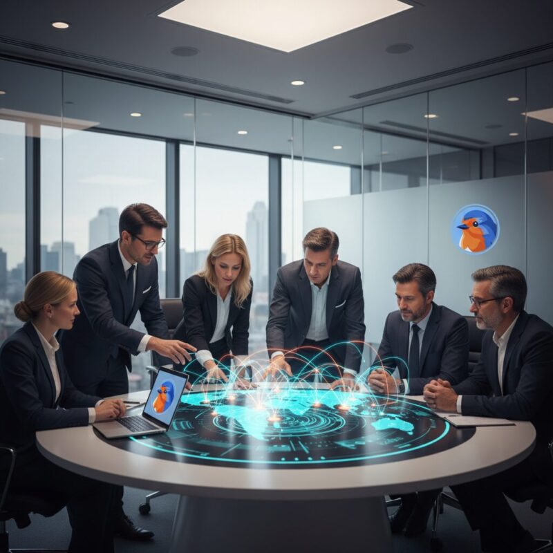 Global development team analyzing strategy on a digital smart-table