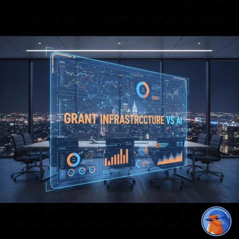 Grant Infrastructure vs AI displayed on a glowing holographic interface in a corporate boardroom
