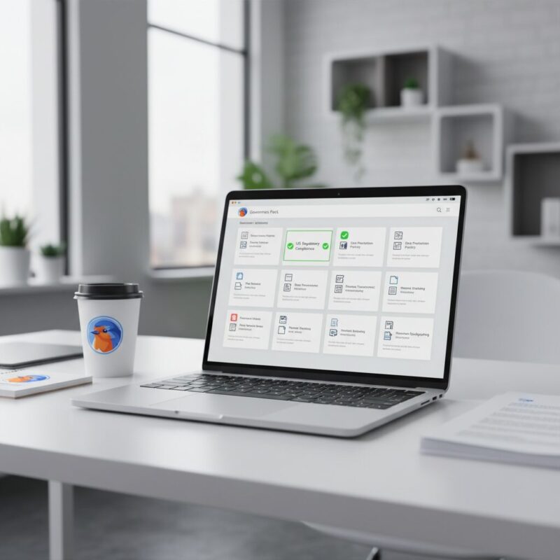 Grant manager reviewing cross-jurisdictional compliance and governance documentation on a laptop