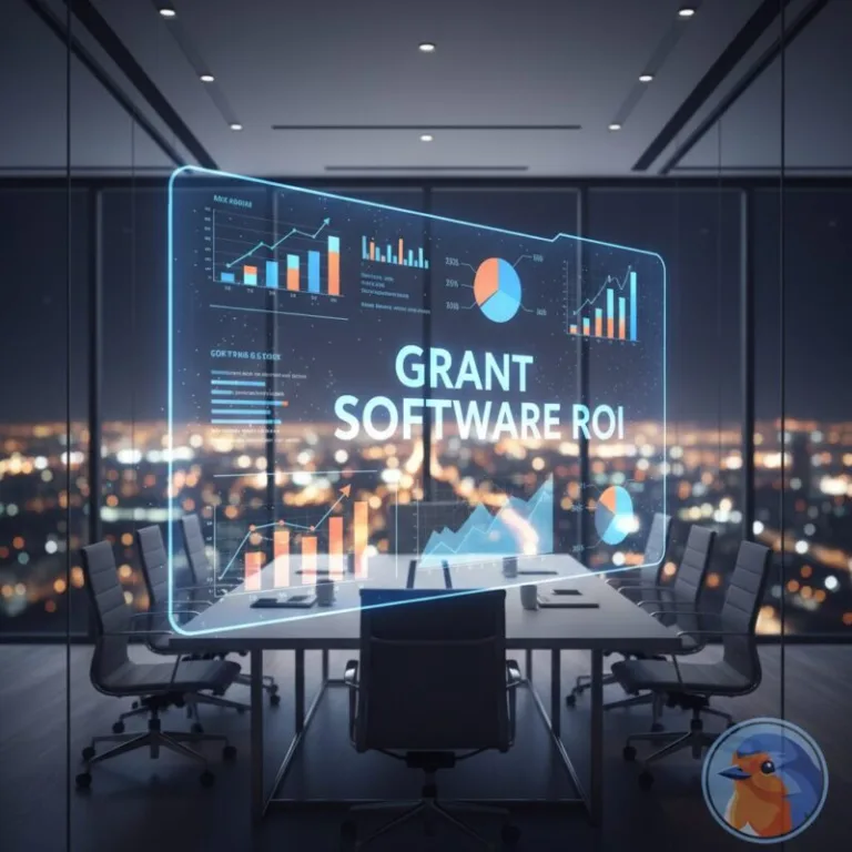 Grant Software ROI analysis with holographic financial charts in a modern boardroom