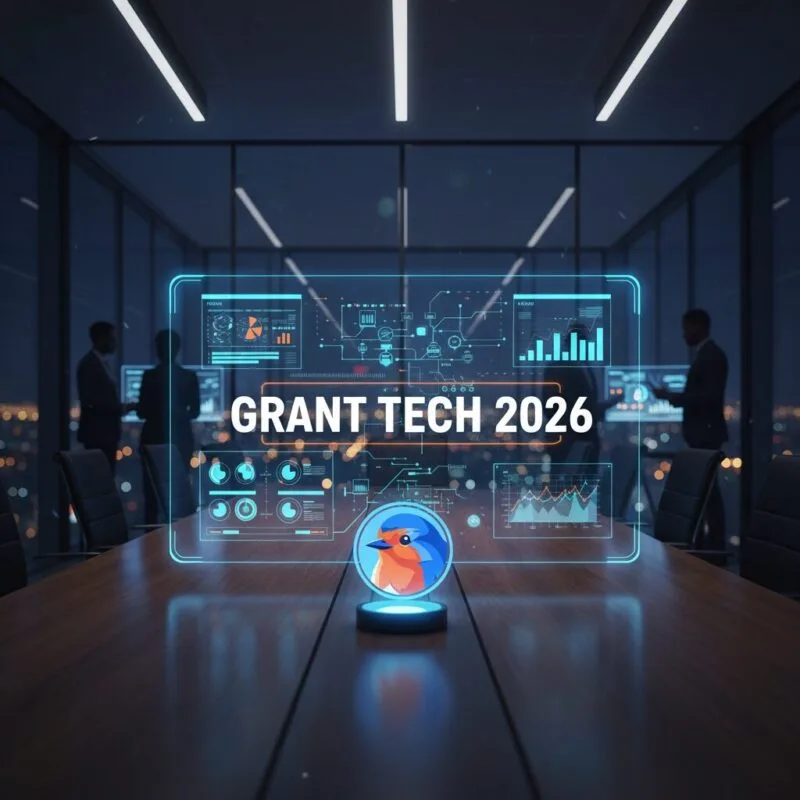 Grant Tech 2026 featured image showing holographic data interface in a modern boardroom