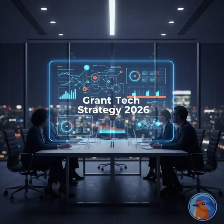 Grant Tech Strategy 2026 featuring a modern boardroom and holographic data comparison