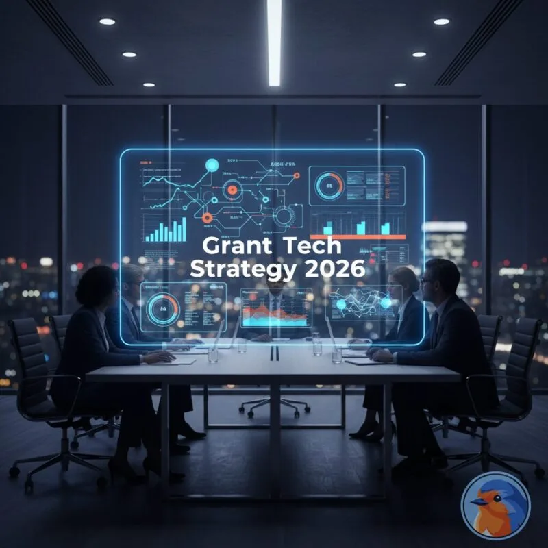 Grant Tech Strategy 2026 featuring a modern boardroom and holographic data comparison