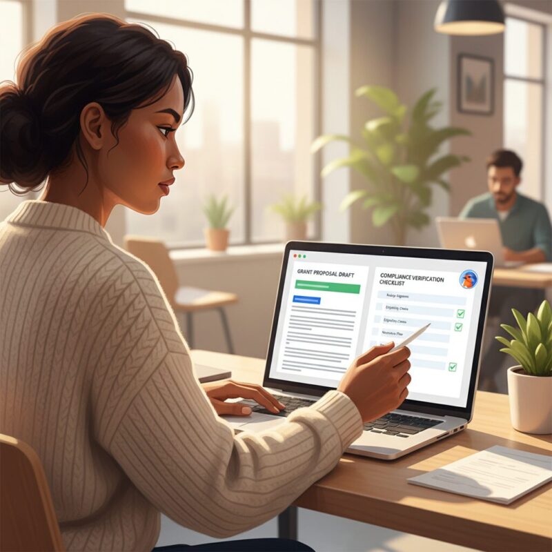 Grant writer reviewing an AI-generated proposal draft alongside a compliance checklist
