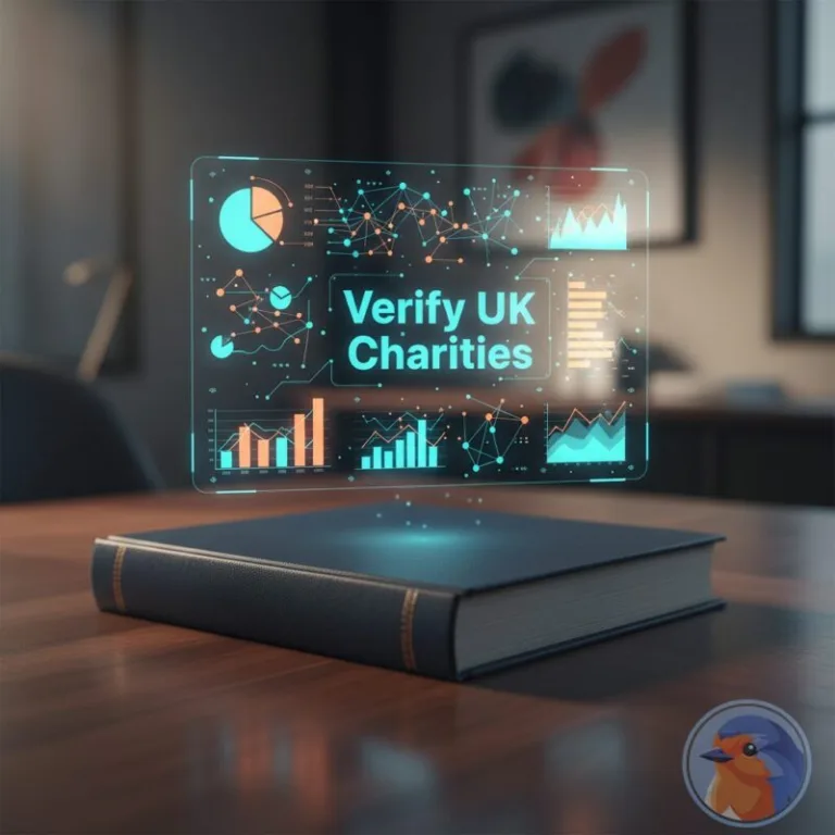 Holographic data interface displaying Verify UK Charities floating above a premium book on a desk