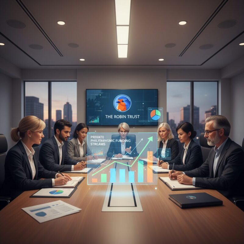 Holographic financial charts projecting over a charity boardroom table showing funding growth