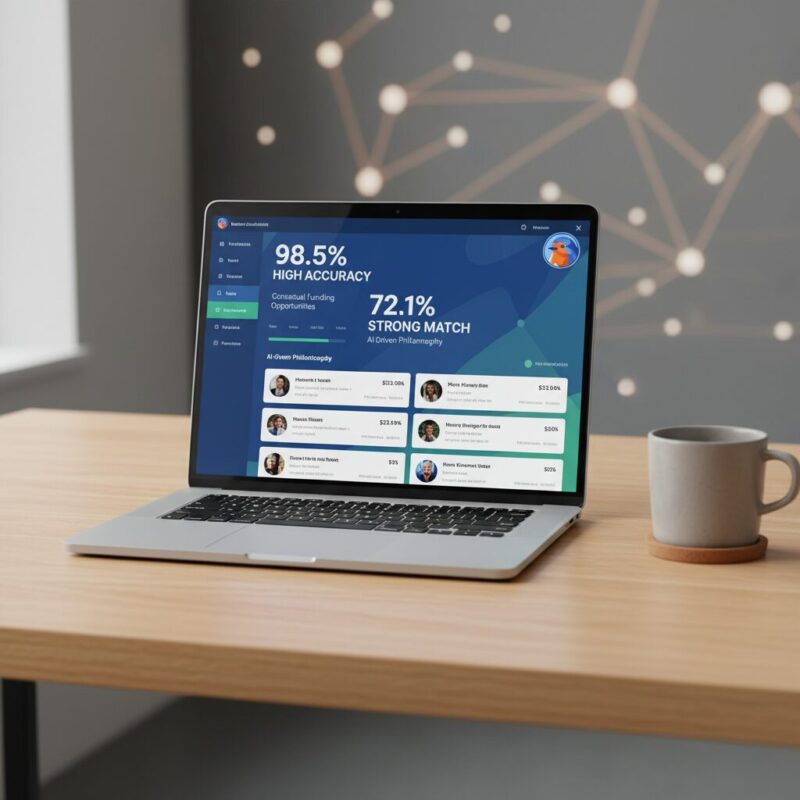 Modern AI grant matching software interface showing high-accuracy funding opportunities
