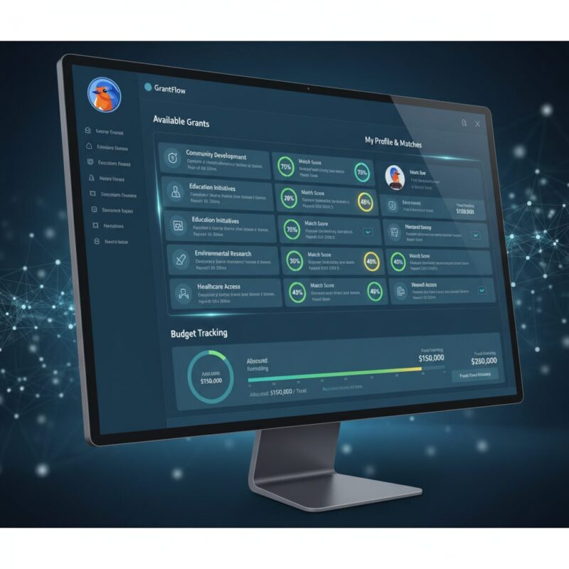 Modern grant management software interface displaying intelligent matching scores and global funding opportunities