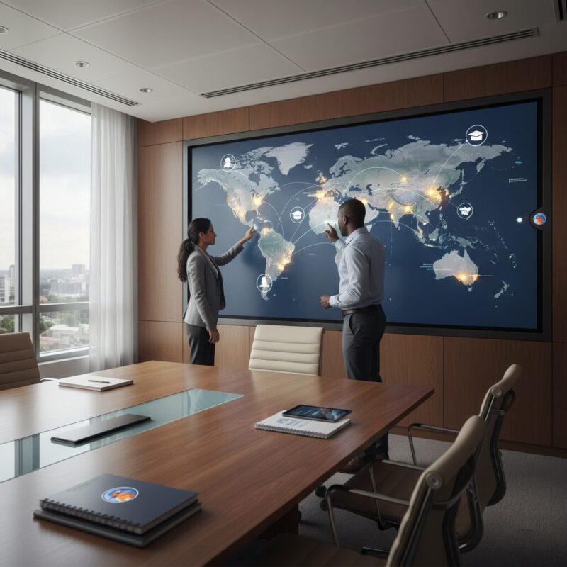 NGO directors mapping project outcomes on an interactive global map display