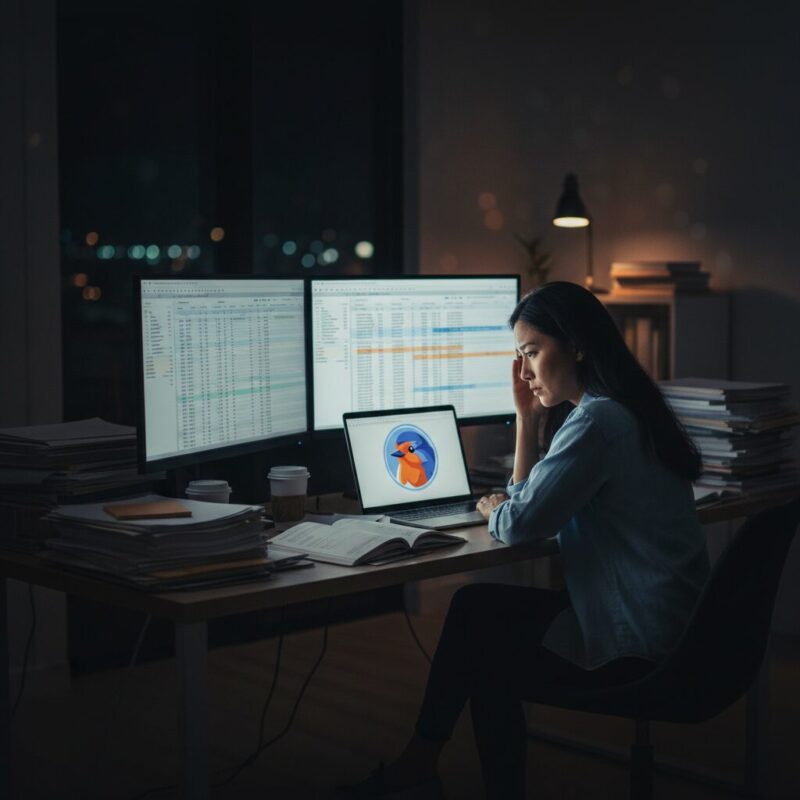Nonprofit development director working late on grant tracking spreadsheets