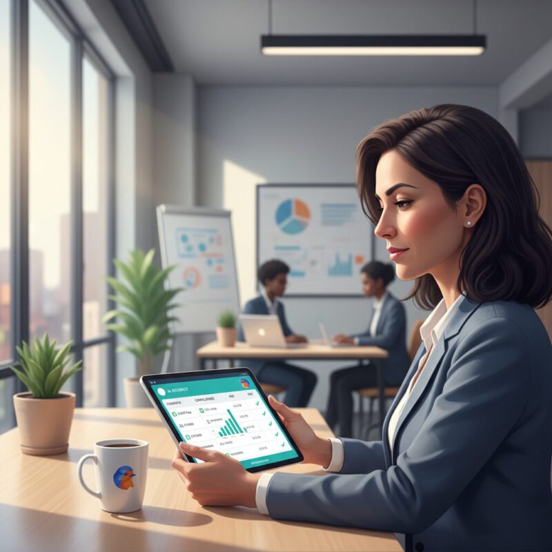 Nonprofit director evaluating grant management software on a digital dashboard