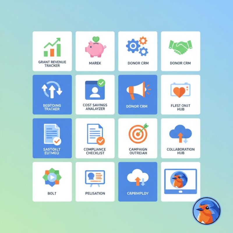 Nonprofit executive team reviewing financial forecasting and ROI dashboards in a modern boardroom