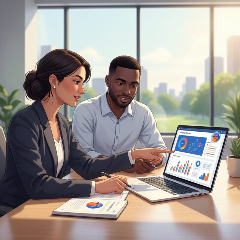 Nonprofit executives collaborating on high-level grant strategy using a specialized dashboard