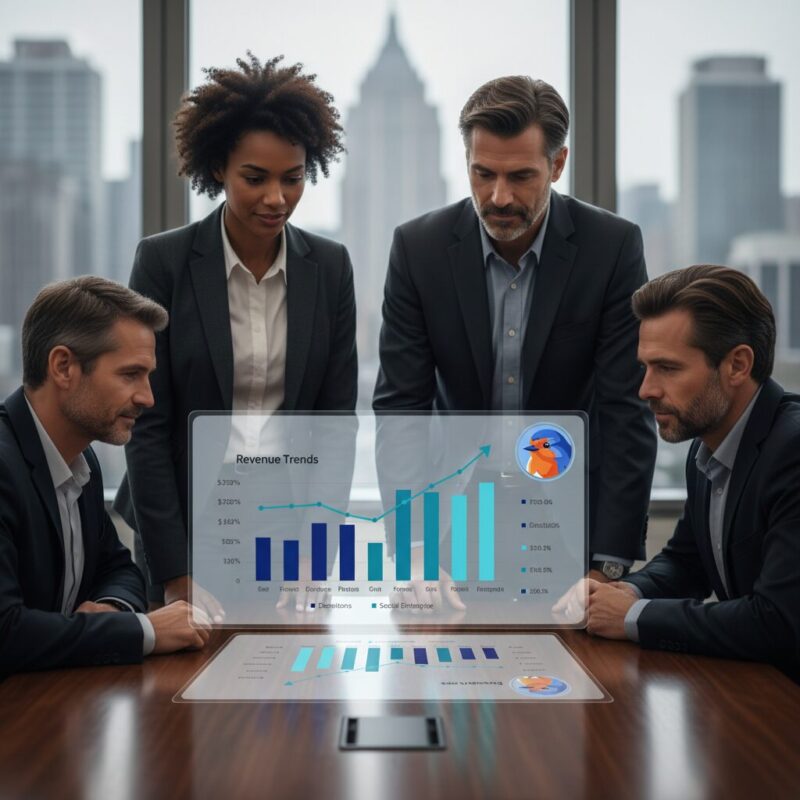 Nonprofit executives reviewing financial dashboard to monitor the IRS 33 percent public support test
