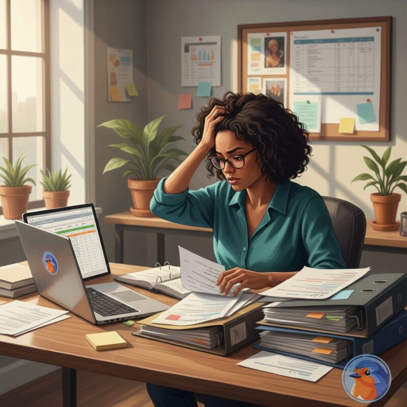 Nonprofit grant professional looking overwhelmed by paperwork and multiple databases at desk