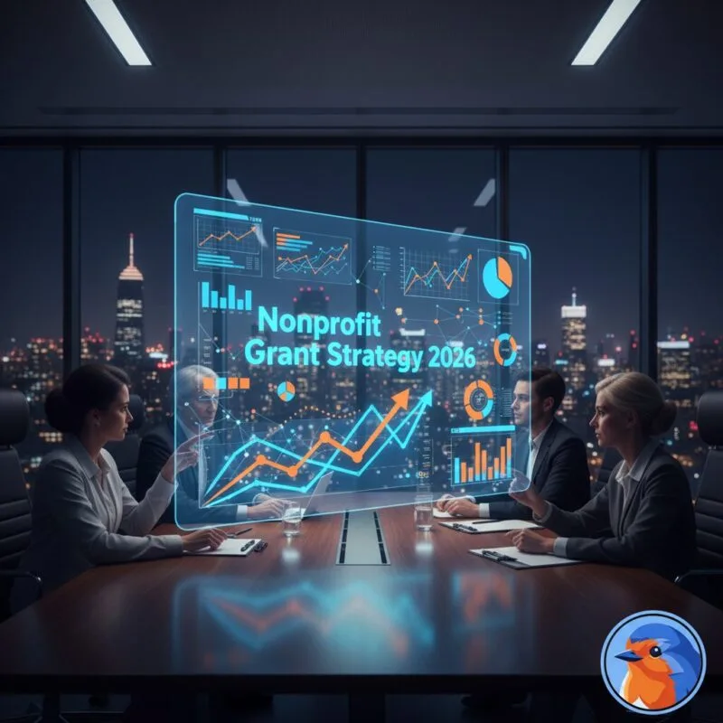 Nonprofit Grant Strategy 2026 featured image showing financial growth and holographic data