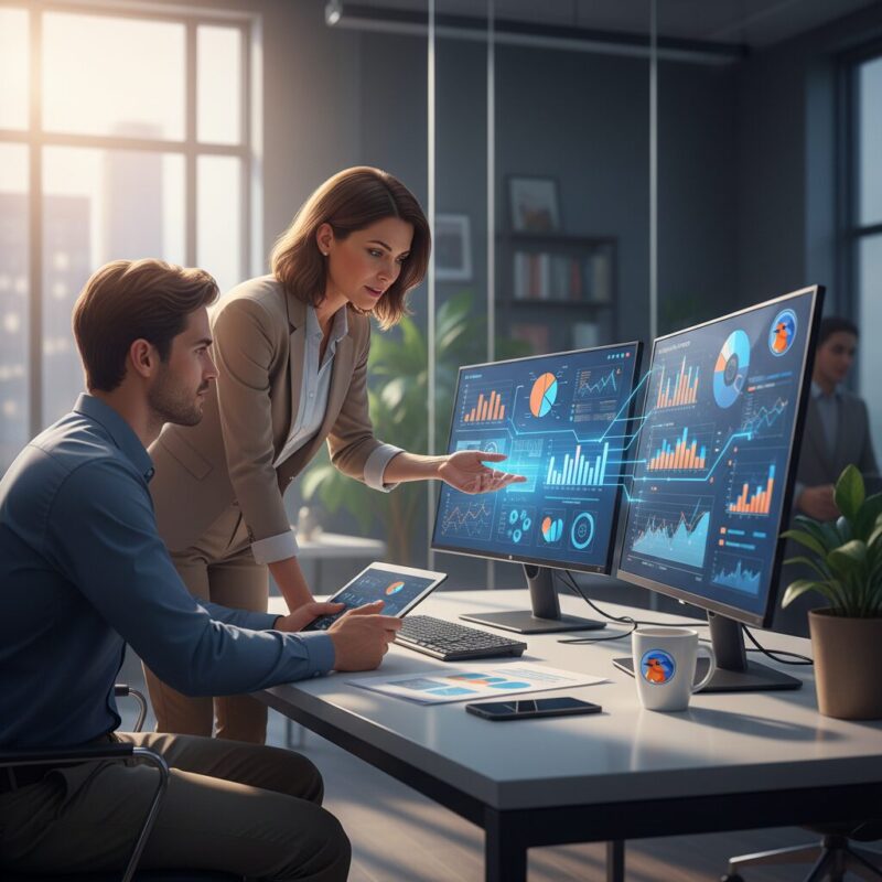 Nonprofit professional reviewing AI-assisted grant proposal on dual monitors