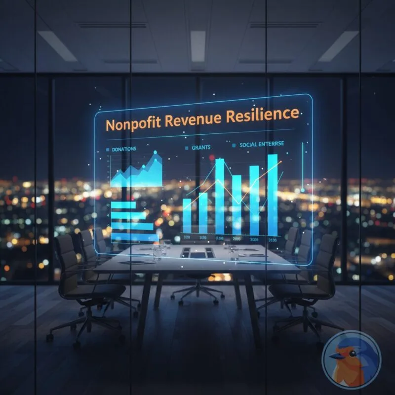 Nonprofit Revenue Resilience featured image with holographic financial charts in a modern boardroom