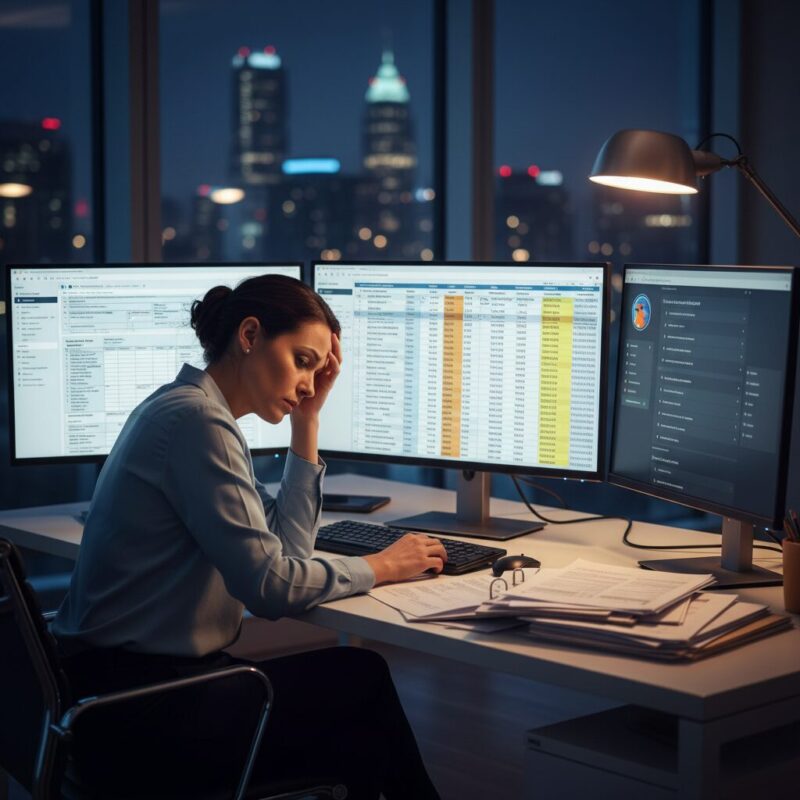 Overwhelmed grant manager reviewing complex spreadsheets and tax forms late at night