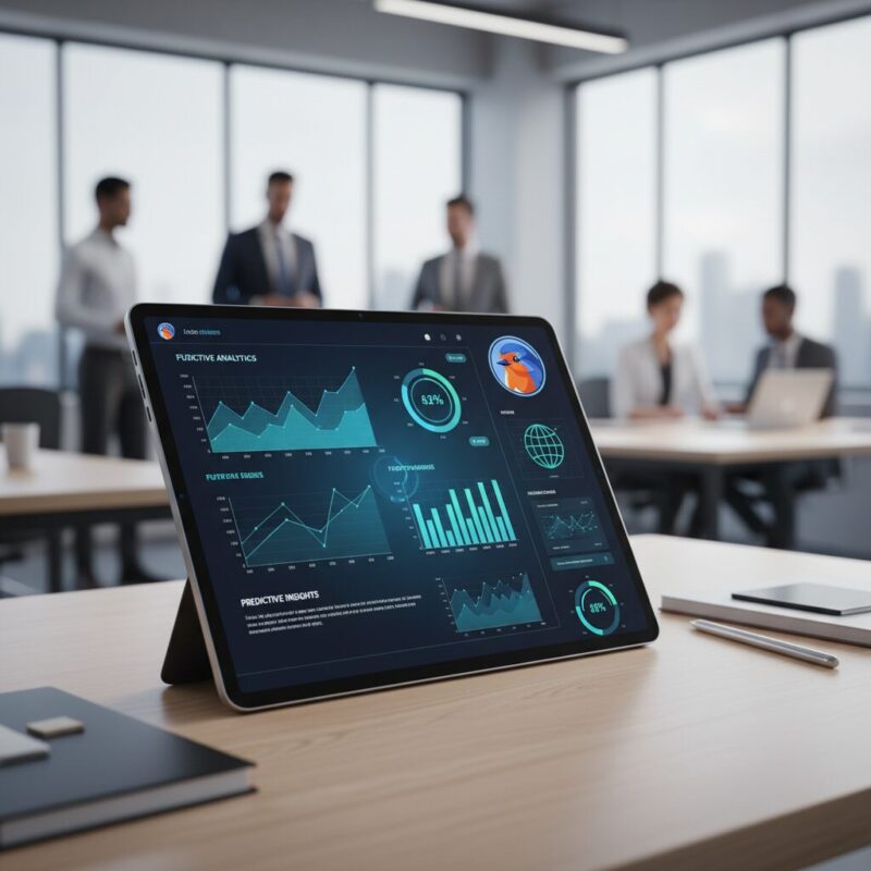 Predictive analytics dashboard on a tablet showing funding pipeline