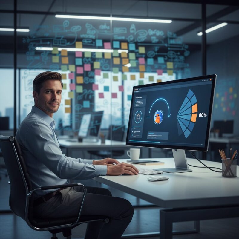 Professional analyzing focused digital dashboard in a modern office with messy whiteboard in background