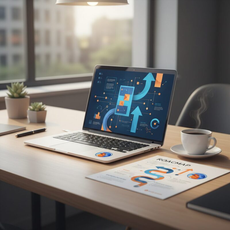 Professional desk with laptop and a visual roadmap document detailing funding growth
