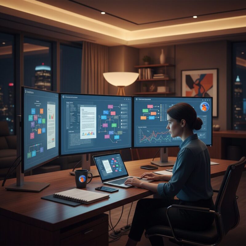 Professional reviewing complex grant compliance documents on multiple monitors