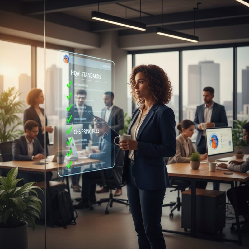 Professional reviewing digital compliance checklist in a modern office